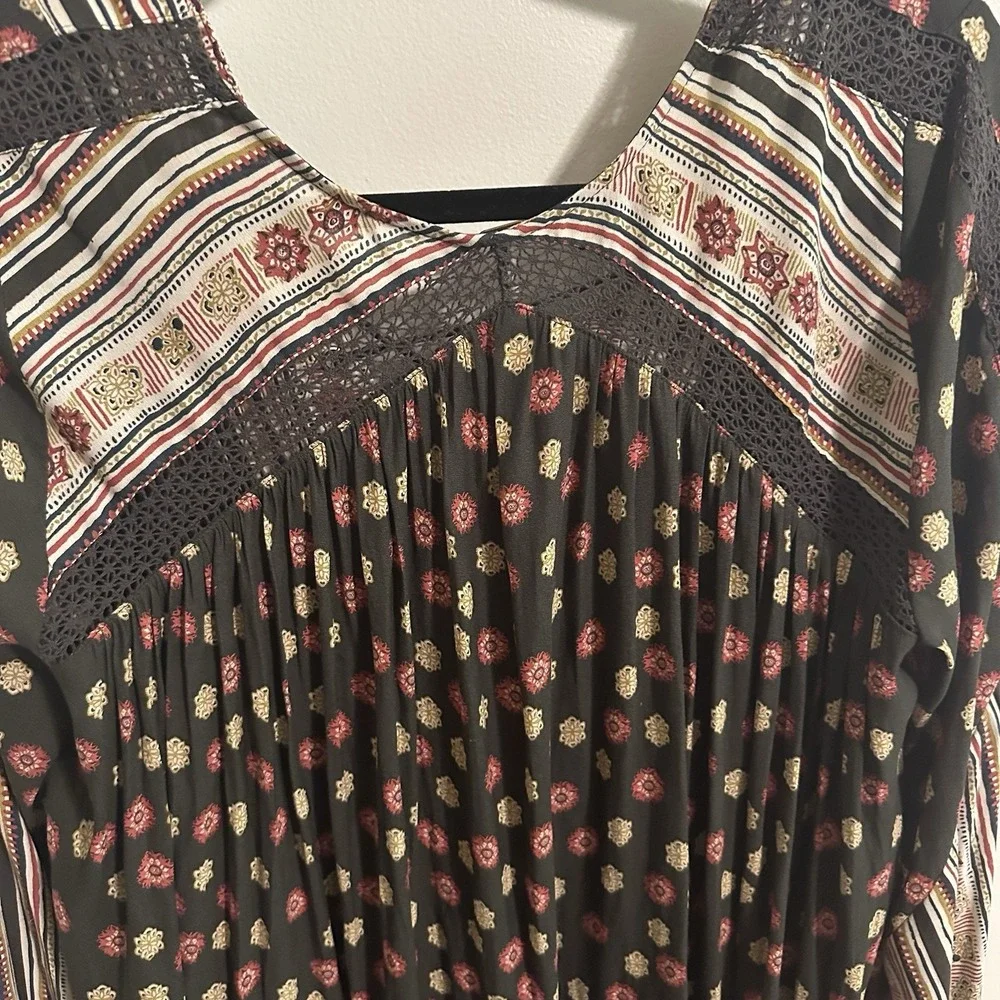 Free People Rain or Shine Lace Up Boho Peasant Swing‎ Long Sleeve Dress Size S